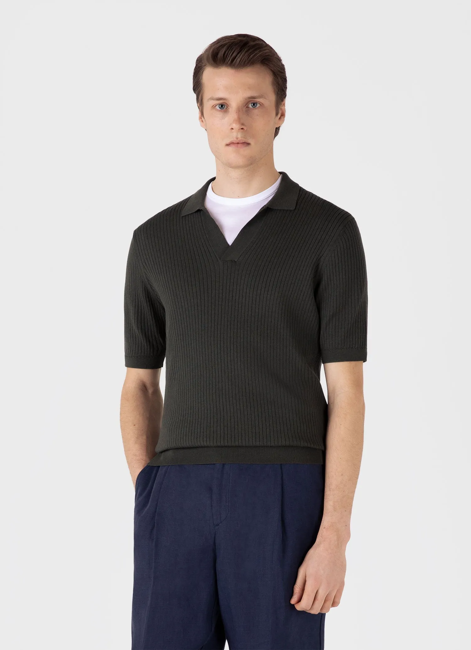 Men's Fine Rib Silk Cotton Polo Shirt in Dusk Green Sunspel