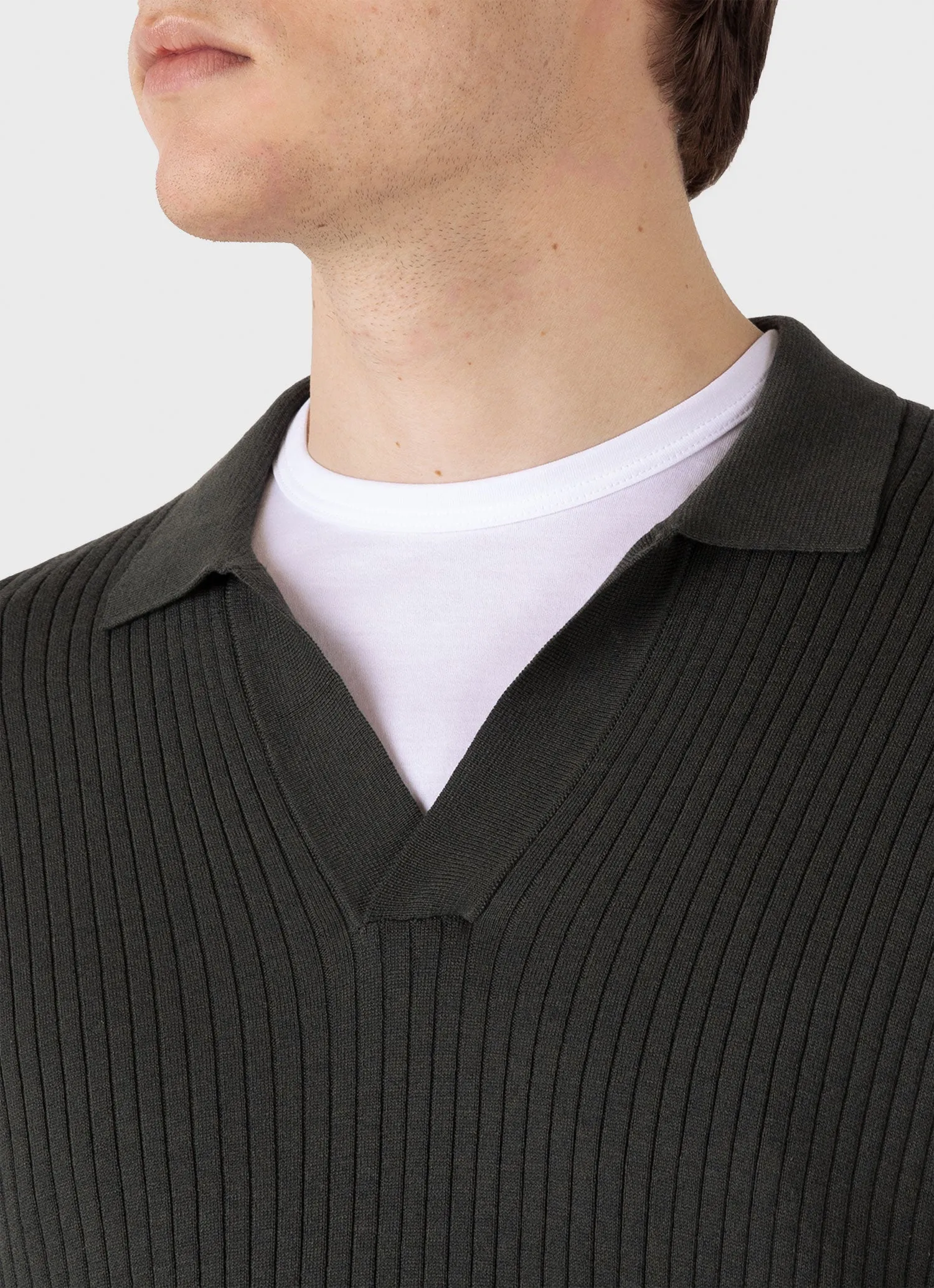 Men's Fine Rib Silk Cotton Polo Shirt in Dusk Green Sunspel