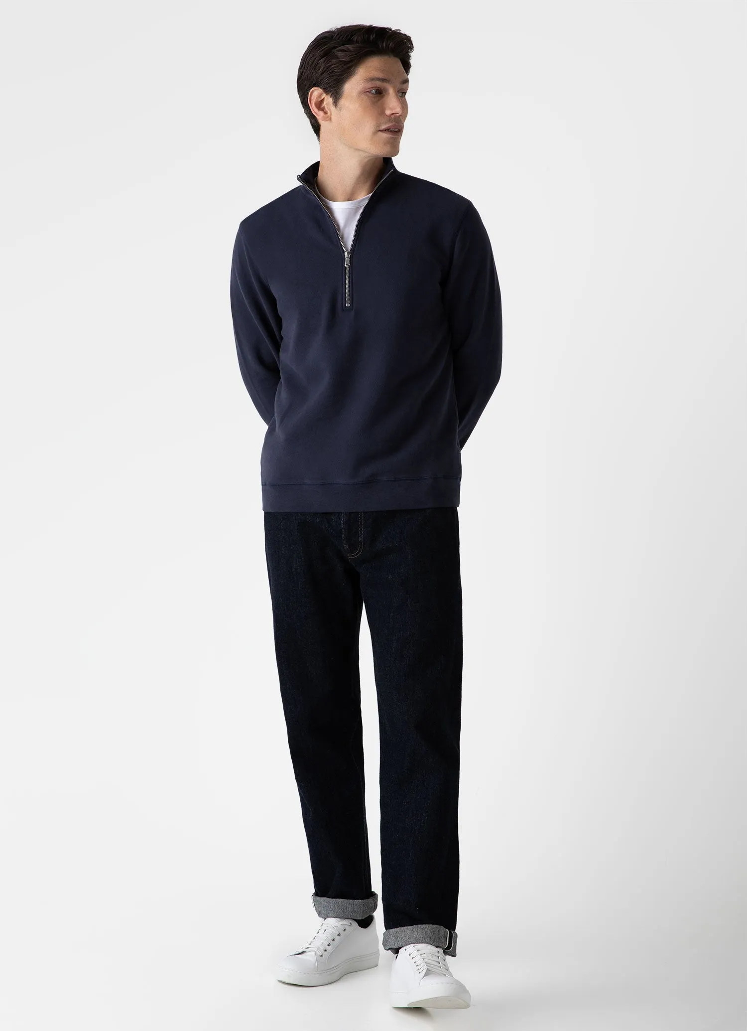Men's Half Zip Loopback Sweatshirt in Navy Sunspel