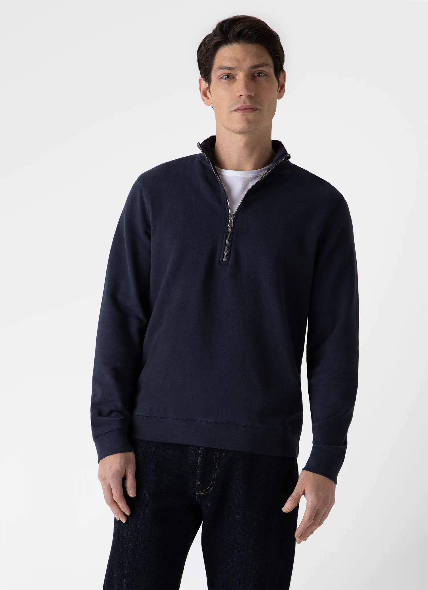 Men's Half Zip Loopback Sweatshirt in Navy Sunspel