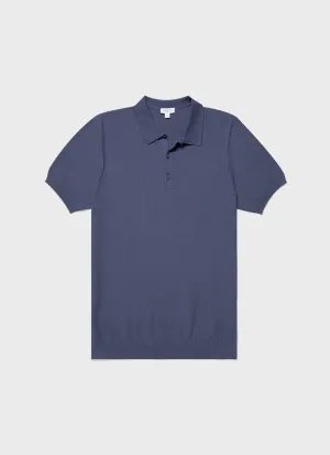 Men's Knit Polo Shirt in Soft Denim Sunspel