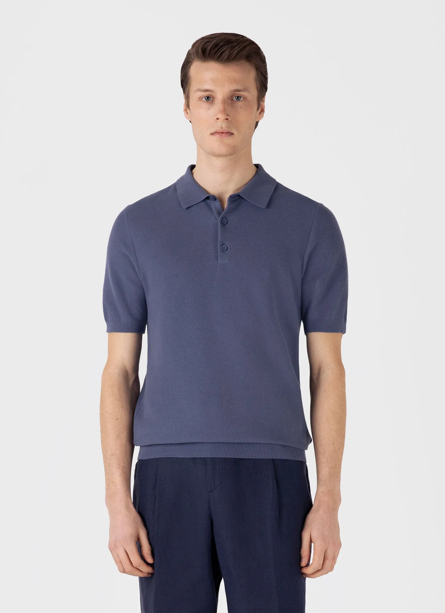 Men's Knit Polo Shirt in Soft Denim Sunspel