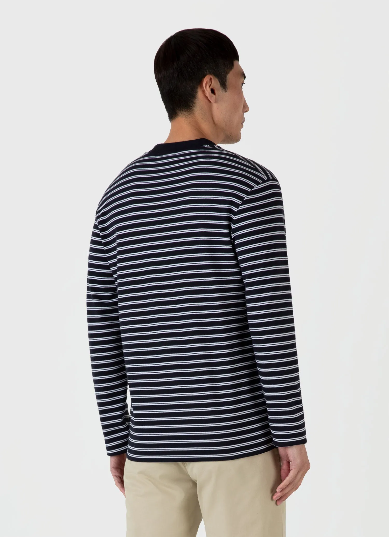 Men's Long Sleeve Heavyweight T-shirt in Navy/White Sunspel