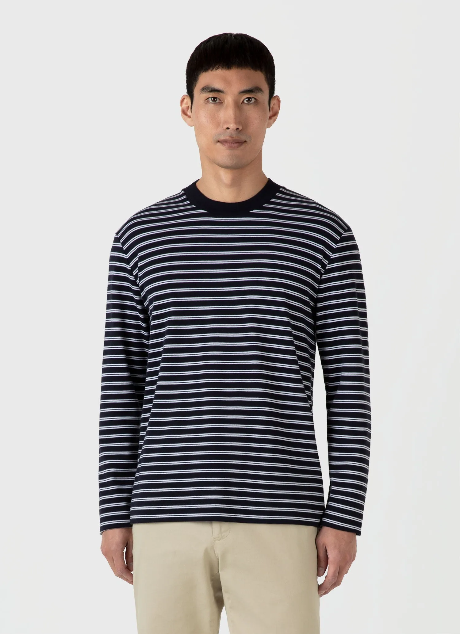 Men's Long Sleeve Heavyweight T-shirt in Navy/White Sunspel