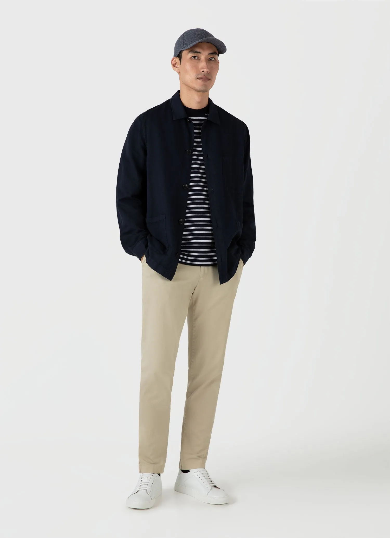 Men's Long Sleeve Heavyweight T-shirt in Navy/White Sunspel