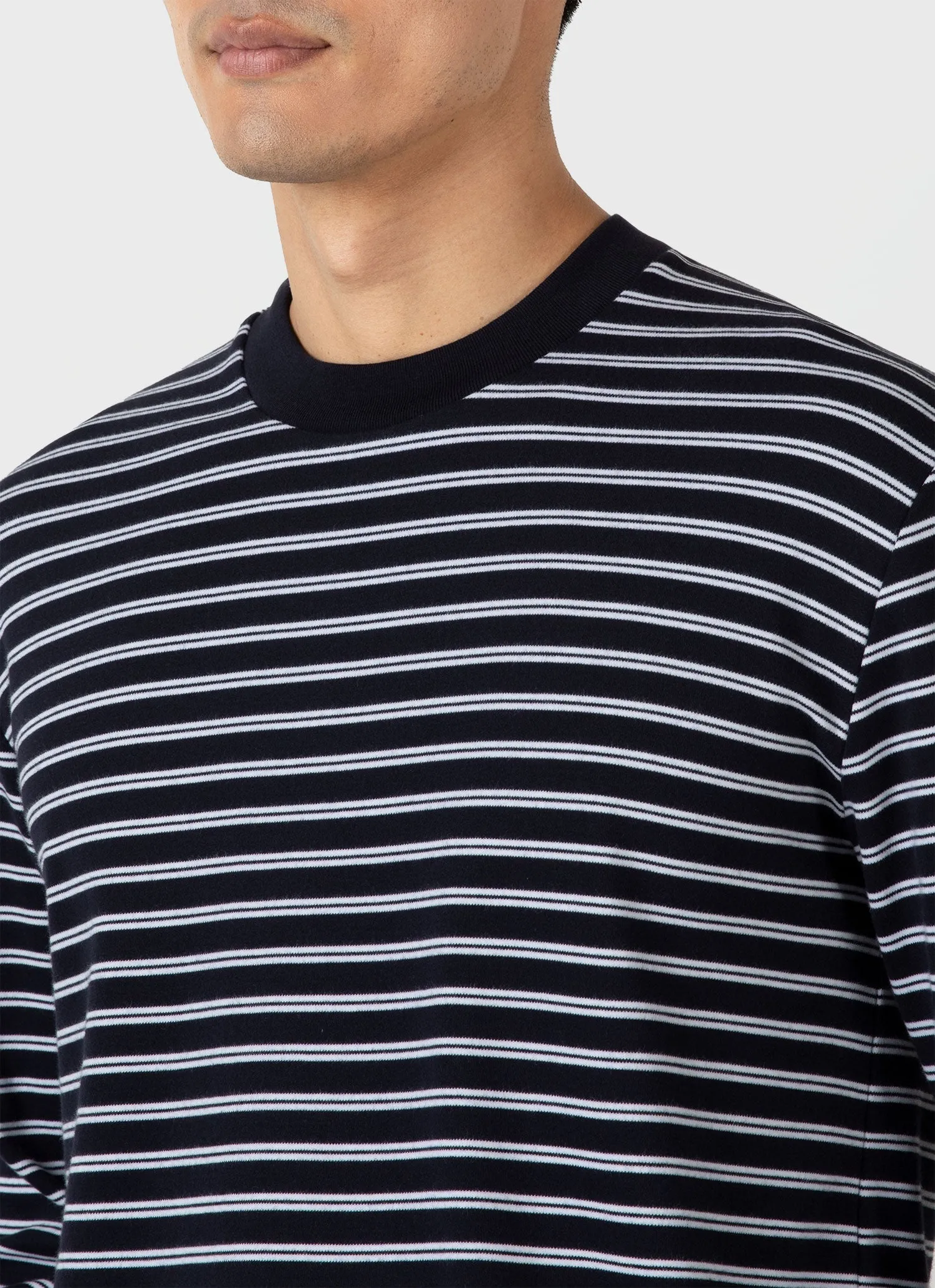 Men's Long Sleeve Heavyweight T-shirt in Navy/White Sunspel