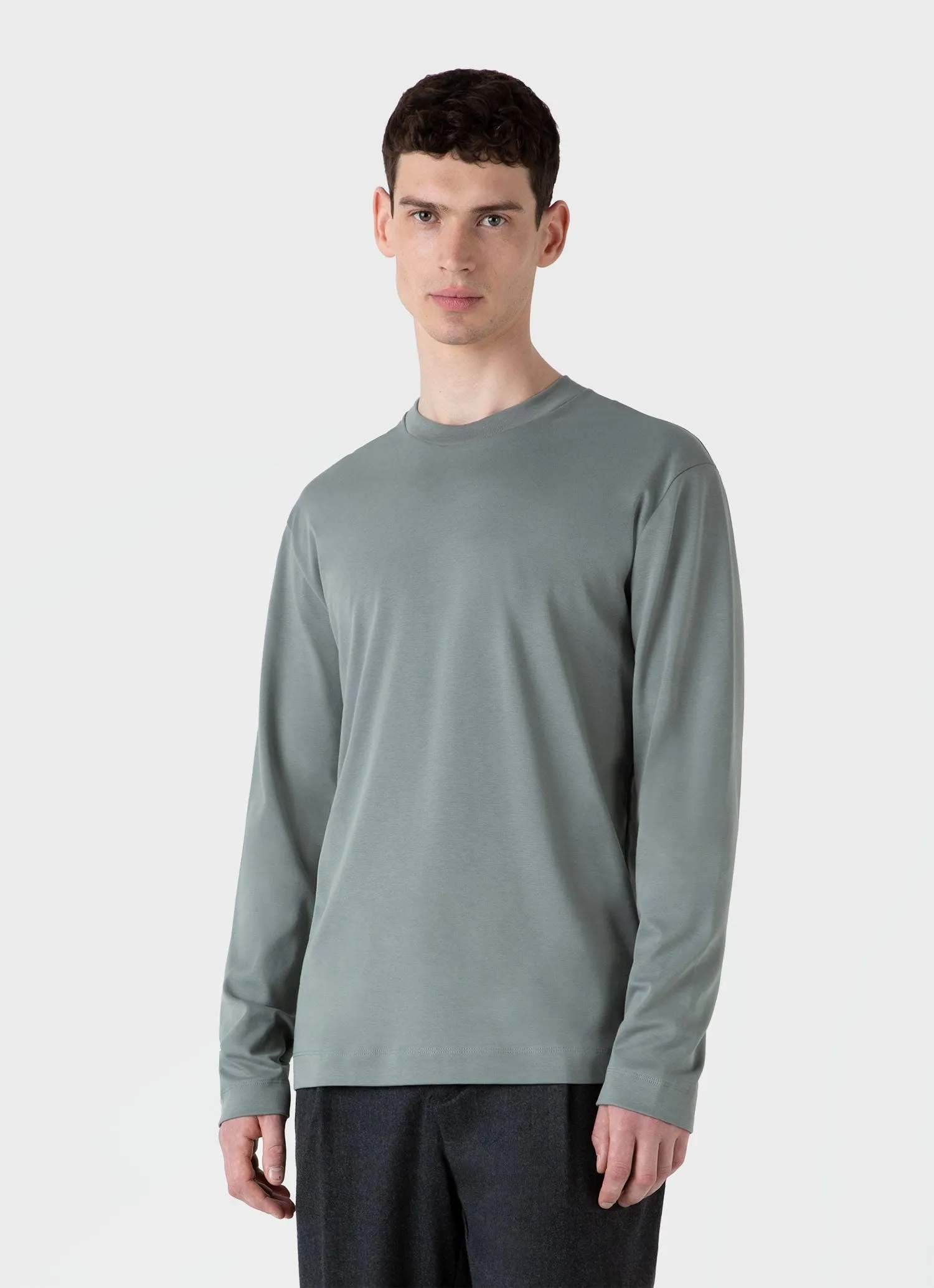 Men's Long Sleeve Heavyweight T-shirt in Smoke Green Sunspel