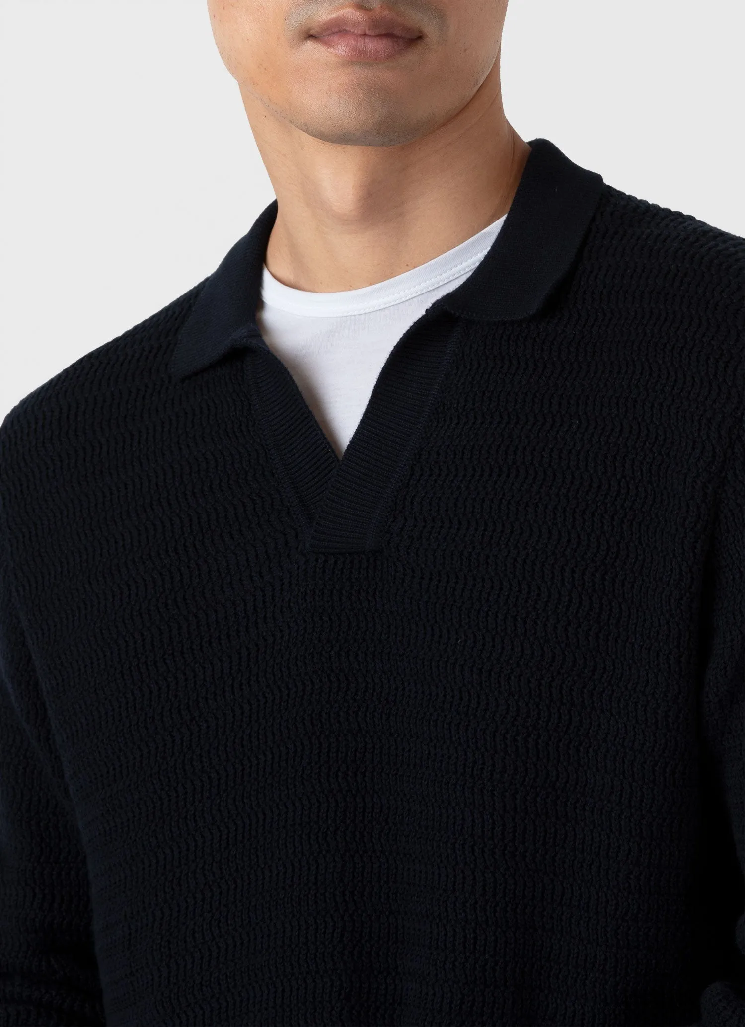 Men's Long Sleeve Textured Cotton Polo Shirt in Navy Sunspel