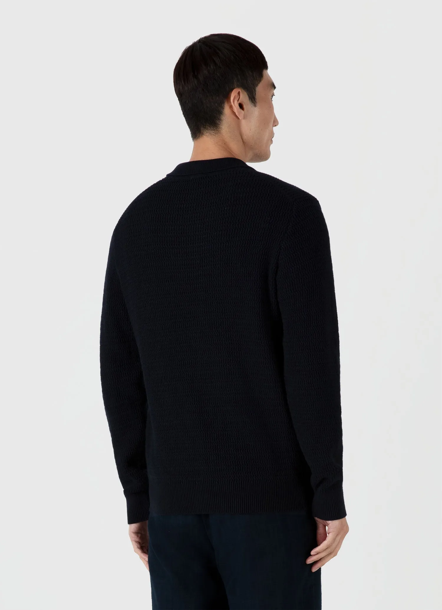 Men's Long Sleeve Textured Cotton Polo Shirt in Navy Sunspel
