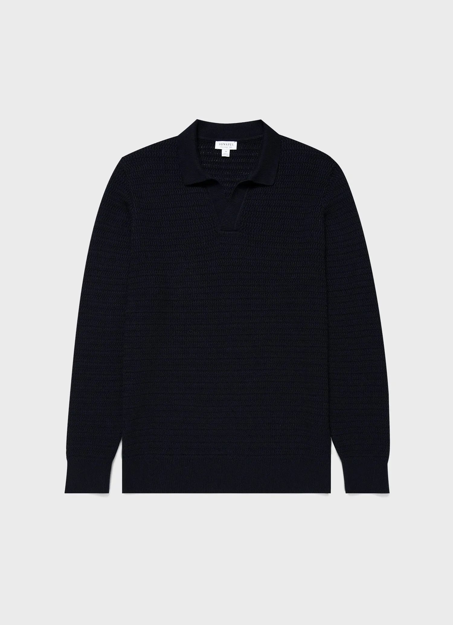 Men's Long Sleeve Textured Cotton Polo Shirt in Navy Sunspel