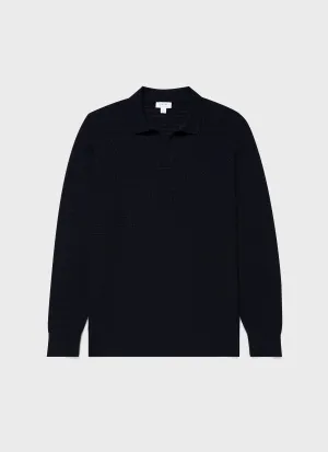 Men's Long Sleeve Textured Cotton Polo Shirt in Navy Sunspel