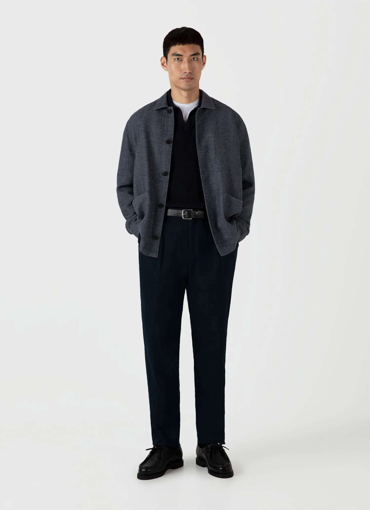 Men's Long Sleeve Textured Cotton Polo Shirt in Navy Sunspel