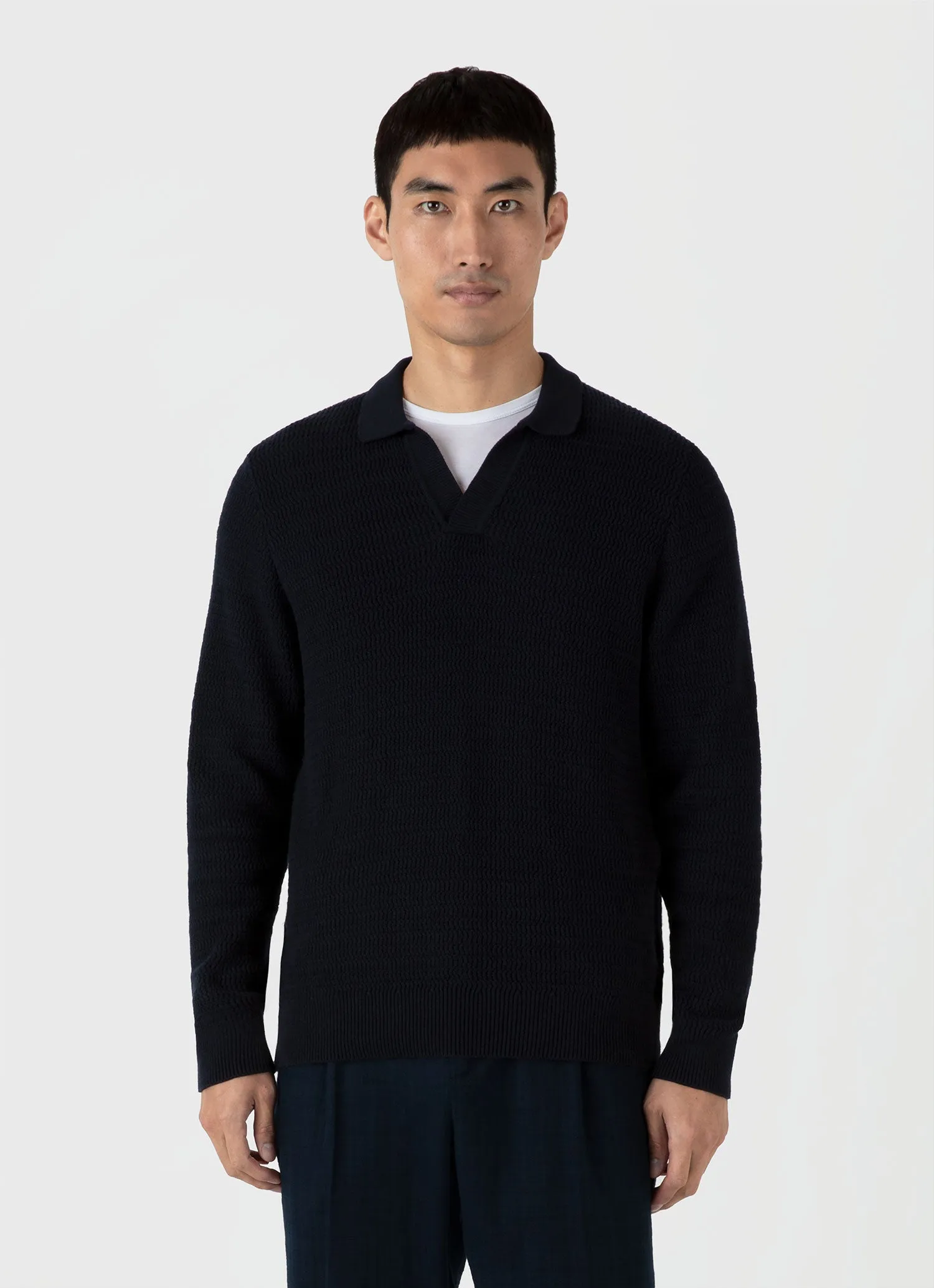 Men's Long Sleeve Textured Cotton Polo Shirt in Navy Sunspel