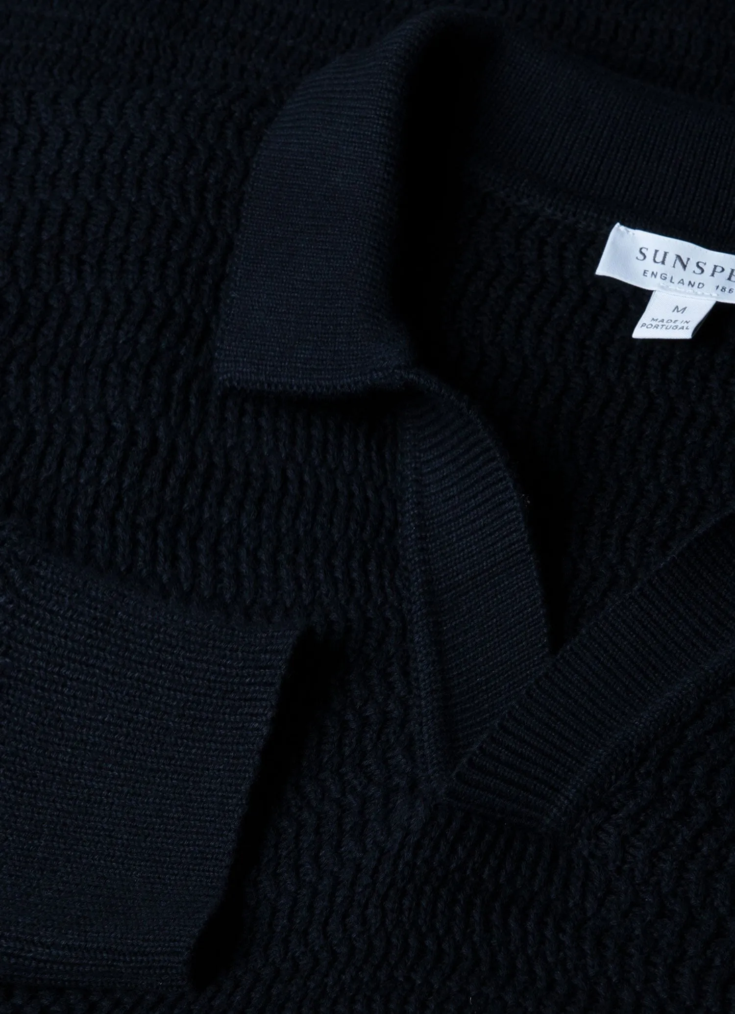 Men's Long Sleeve Textured Cotton Polo Shirt in Navy Sunspel