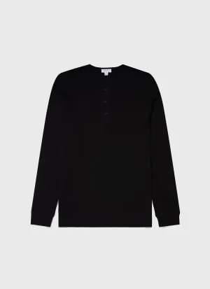 Men's Long Sleeve Waffle Henley in Black Sunspel