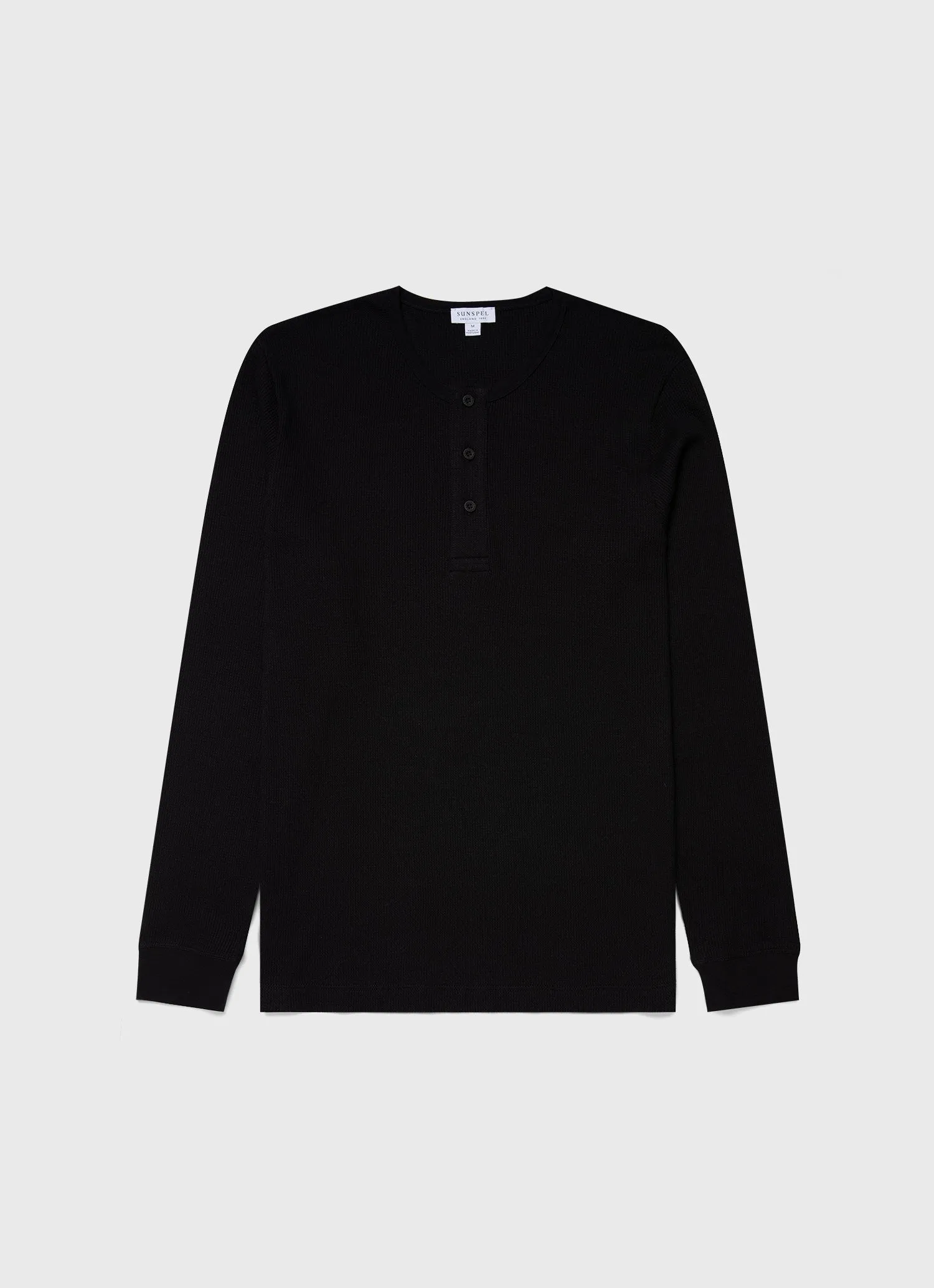 Men's Long Sleeve Waffle Henley in Black Sunspel