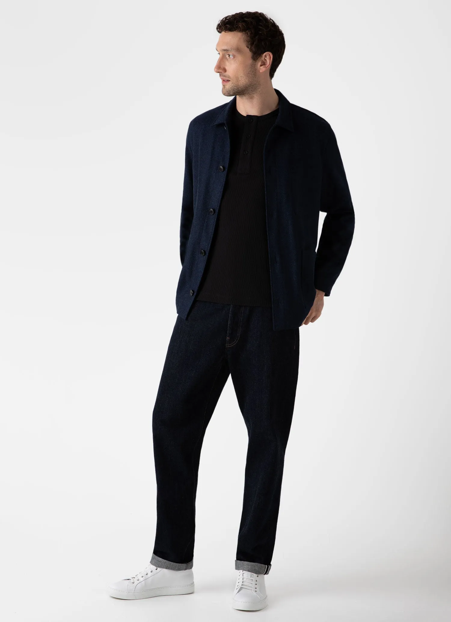 Men's Long Sleeve Waffle Henley in Black Sunspel