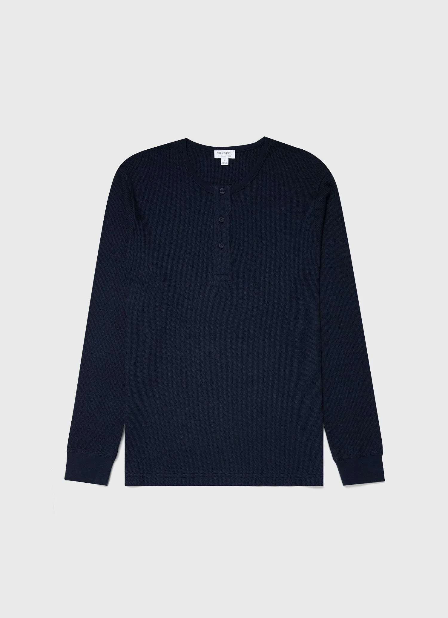 Men's Long Sleeve Waffle Henley in Navy Sunspel