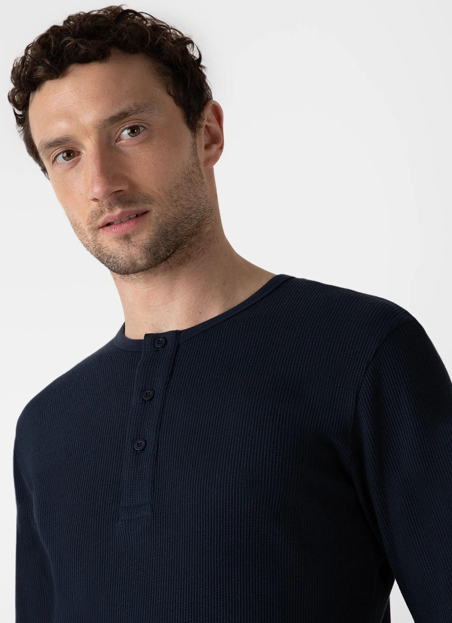 Men's Long Sleeve Waffle Henley in Navy Sunspel