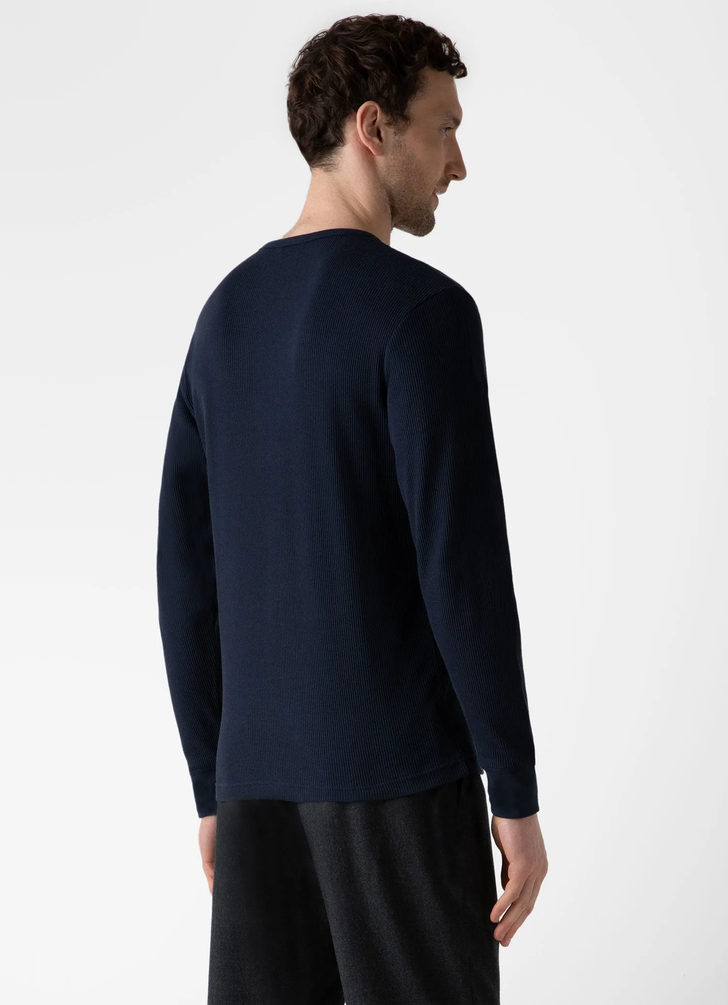 Men's Long Sleeve Waffle Henley in Navy Sunspel