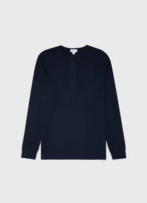 Men's Long Sleeve Waffle Henley in Navy Sunspel