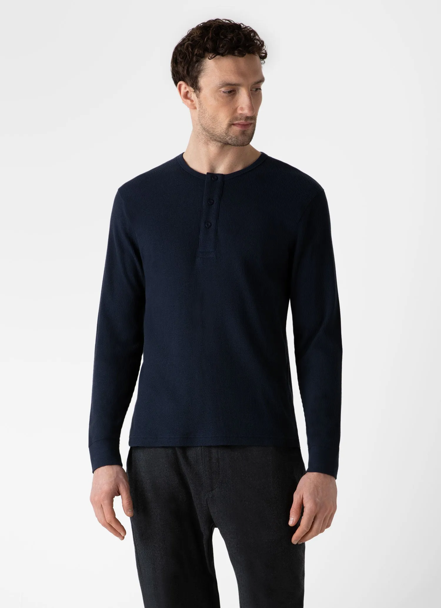 Men's Long Sleeve Waffle Henley in Navy Sunspel