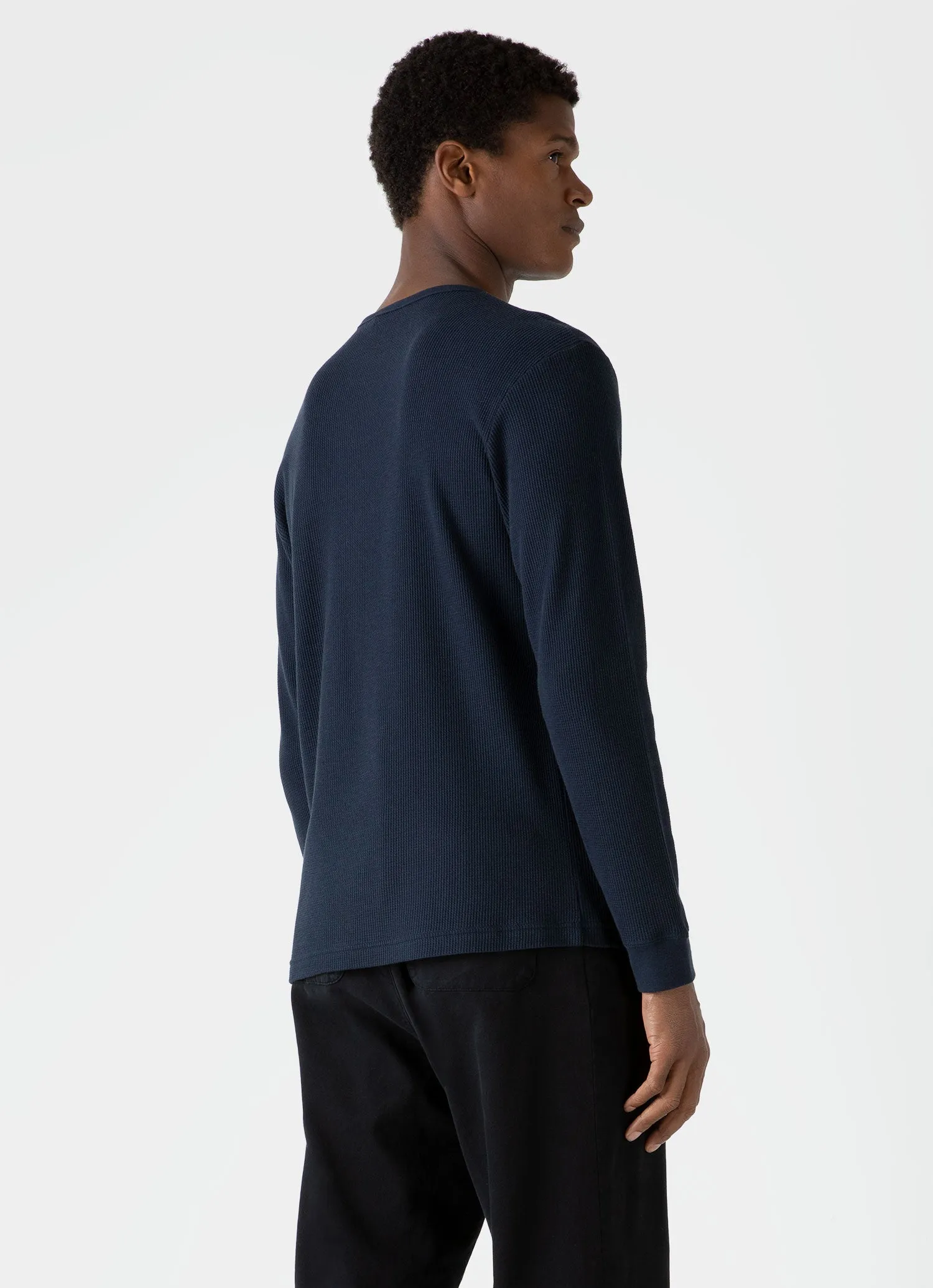 Men's Long Sleeve Waffle T-shirt in Navy Sunspel