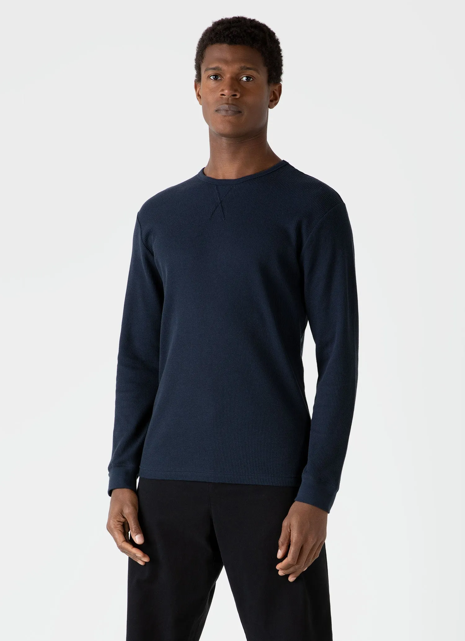 Men's Long Sleeve Waffle T-shirt in Navy Sunspel