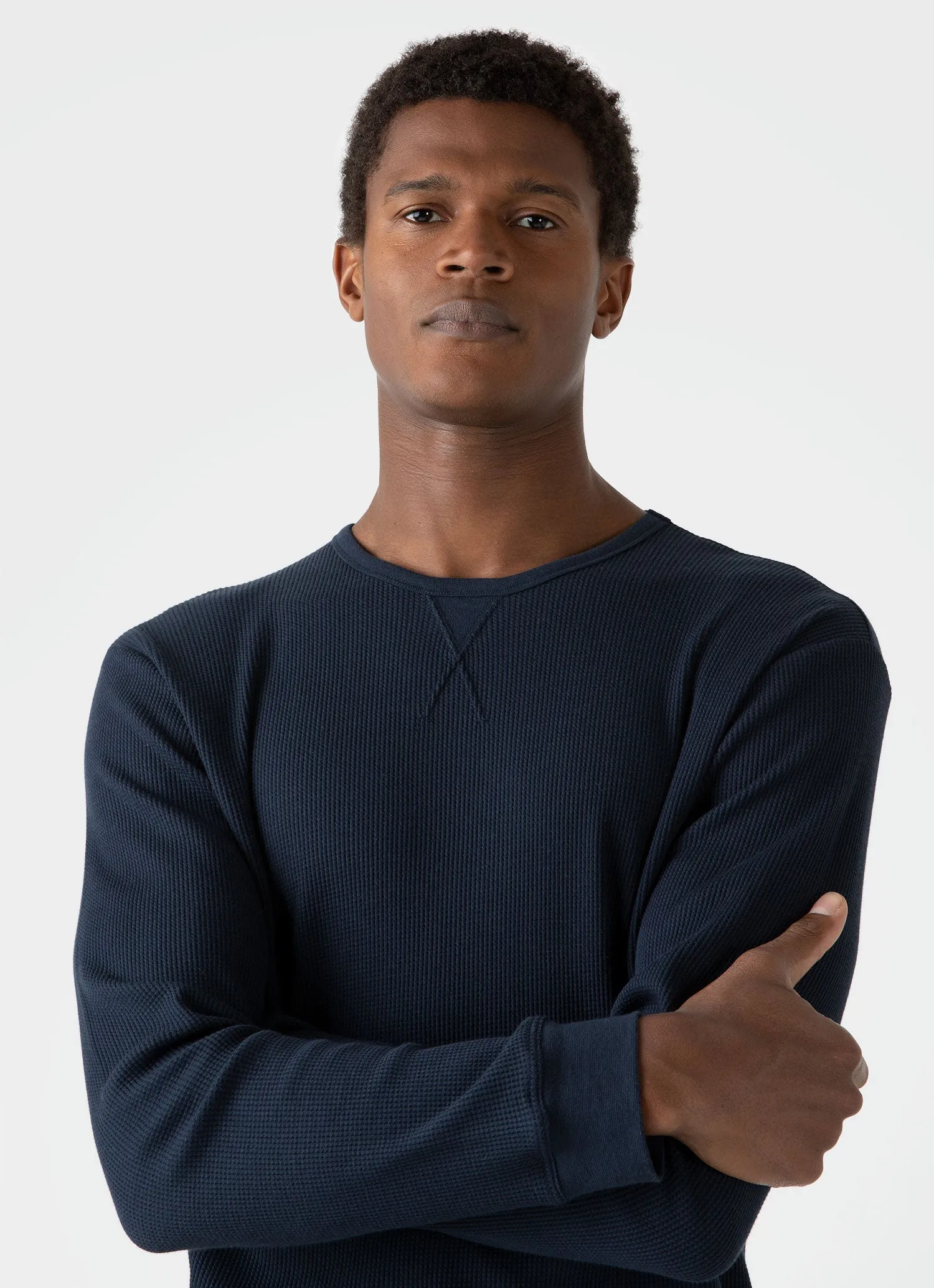 Men's Long Sleeve Waffle T-shirt in Navy Sunspel