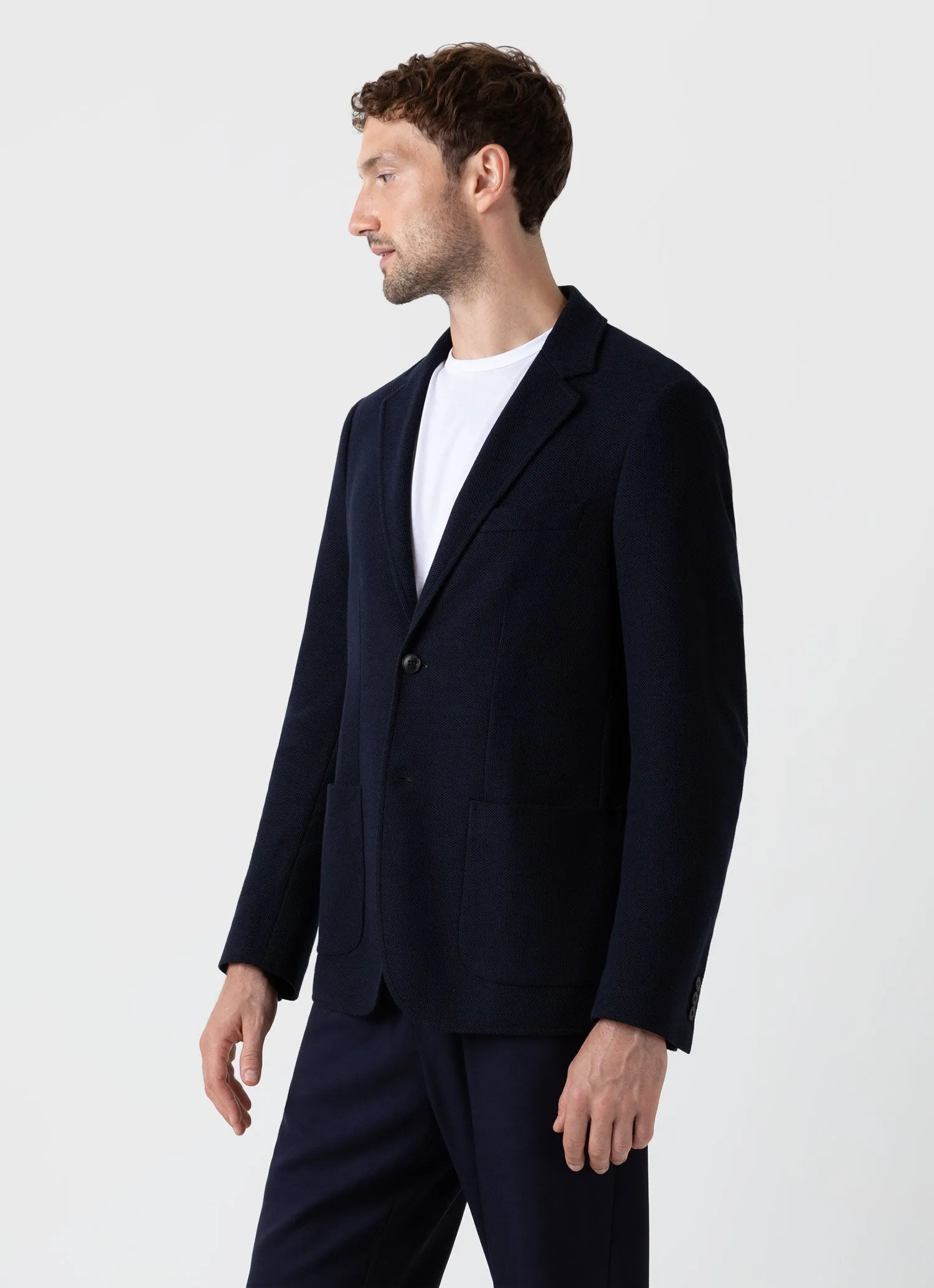 Men's Piqué Unstructured Blazer in Navy Sunspel