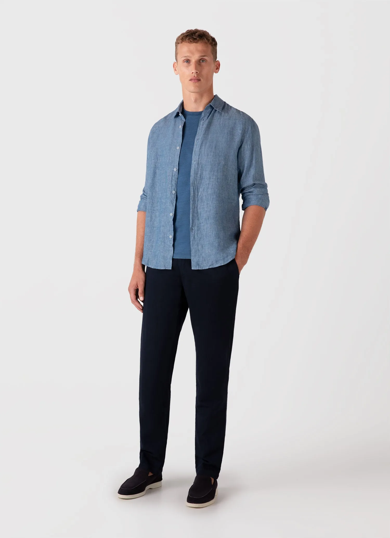 Men's Riviera Midweight T-shirt in Mid Indigo Wash Sunspel