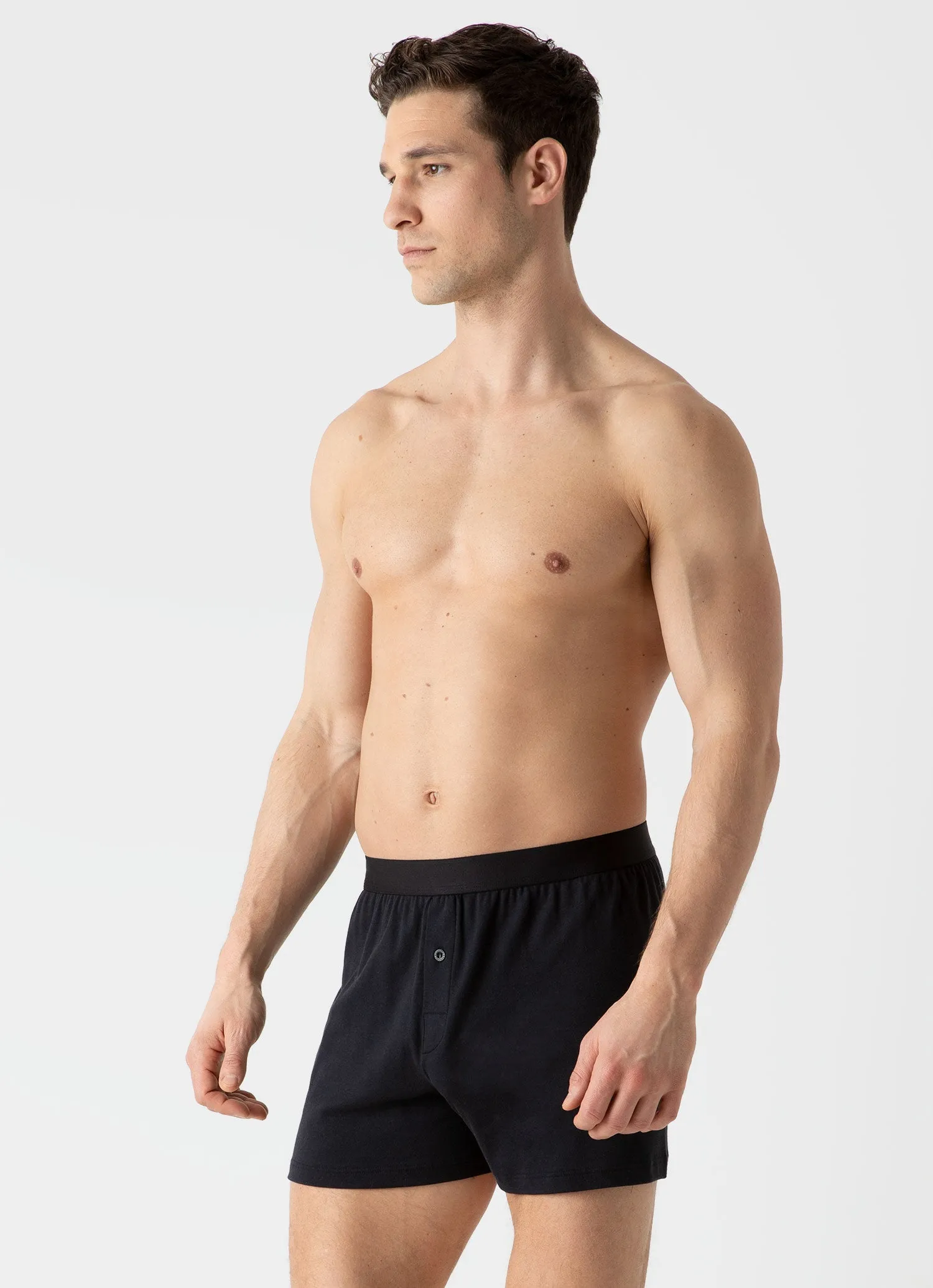 Men's Sea Island Cotton One-Button Boxer Shorts in Black Sunspel