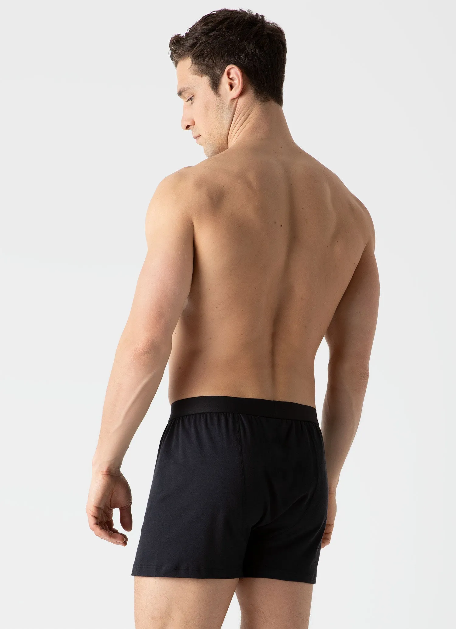 Men's Sea Island Cotton One-Button Boxer Shorts in Black Sunspel