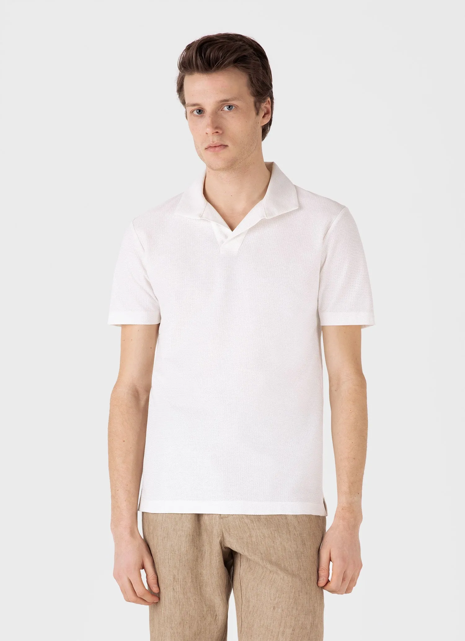 Men's Textured Jersey Polo Shirt in Ecru Sunspel
