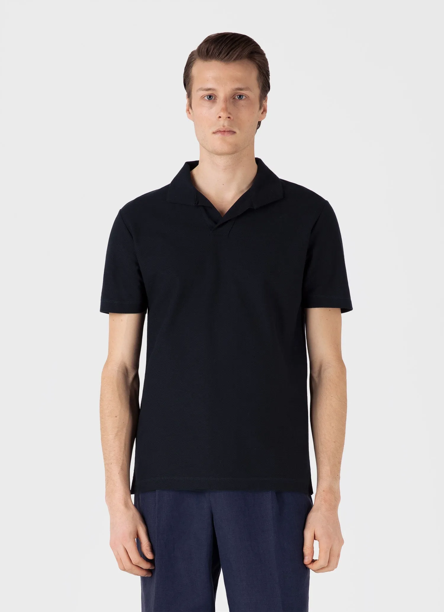 Men's Textured Jersey Polo Shirt in Midnight Navy Sunspel