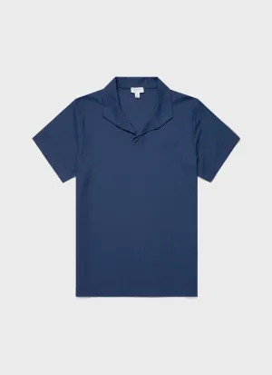 Men's Textured Jersey Polo Shirt in Soft Denim Sunspel