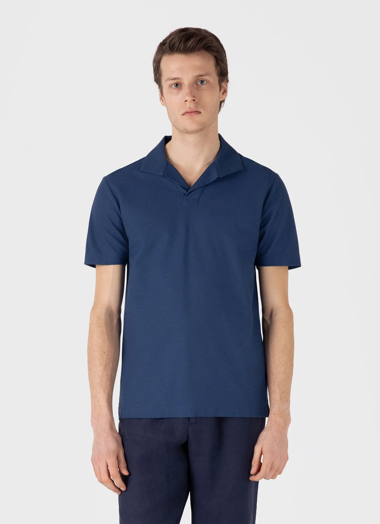 Men's Textured Jersey Polo Shirt in Soft Denim Sunspel