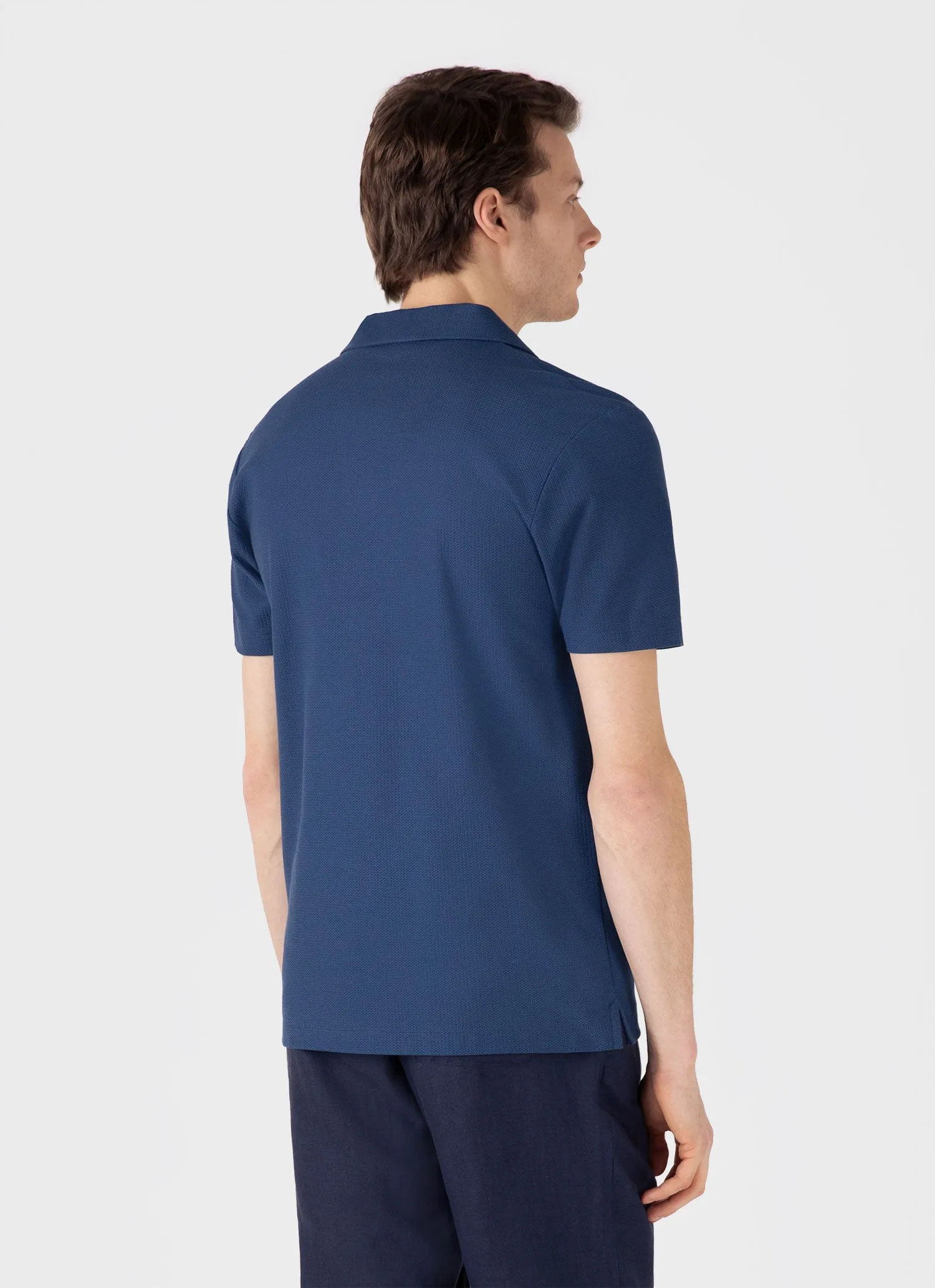 Men's Textured Jersey Polo Shirt in Soft Denim Sunspel