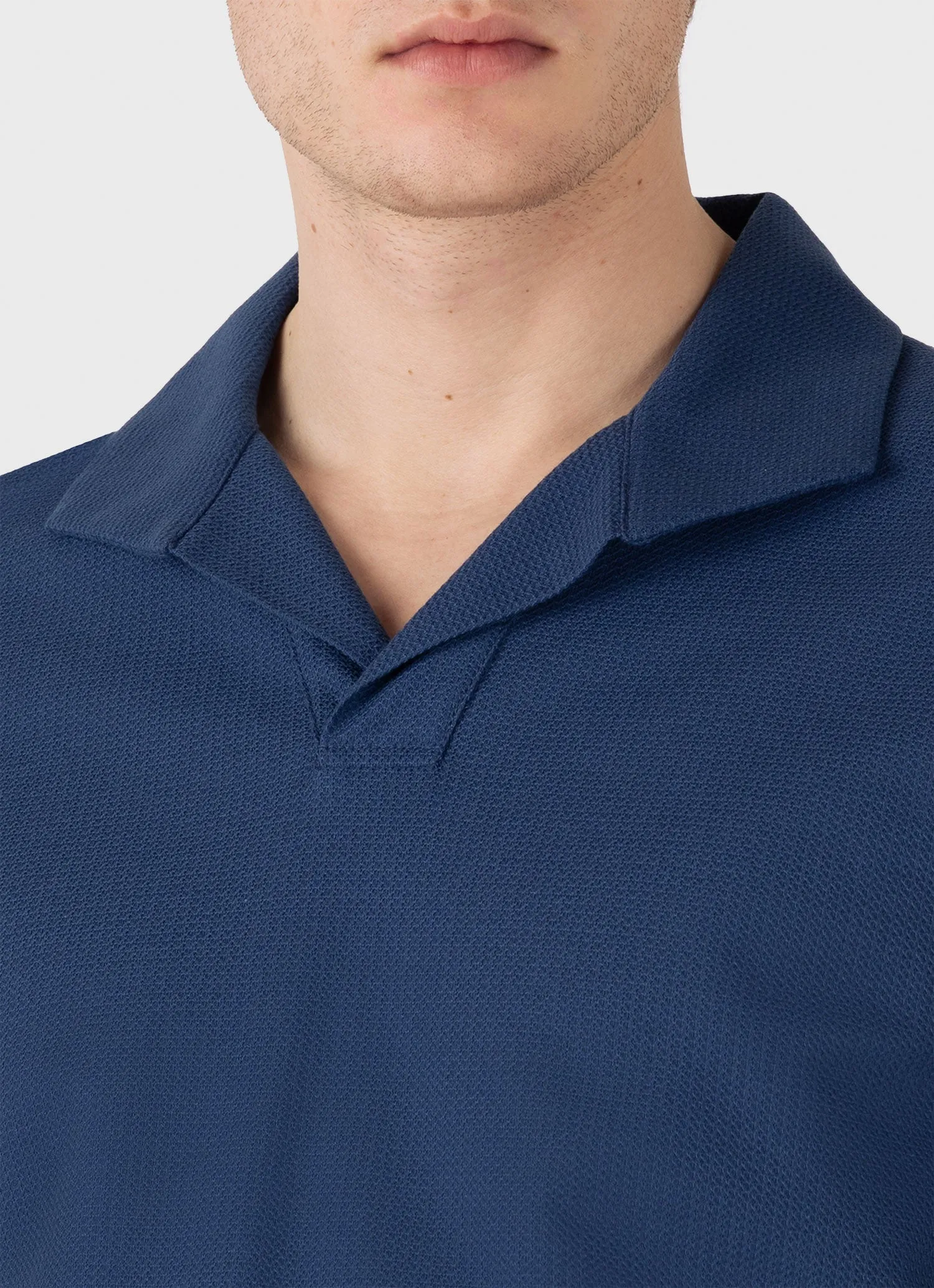 Men's Textured Jersey Polo Shirt in Soft Denim Sunspel