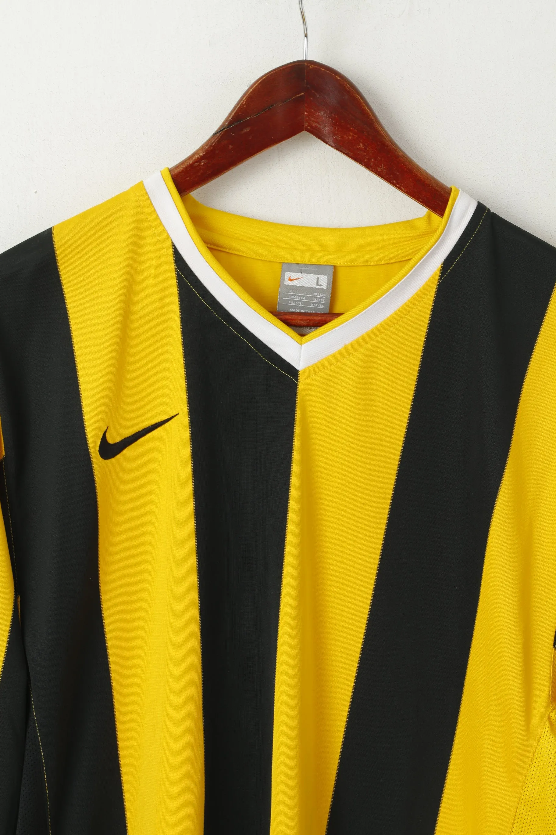Nike Men L 183 Long Sleeved Shirt Yellow Striped Training Sportswear Football Top