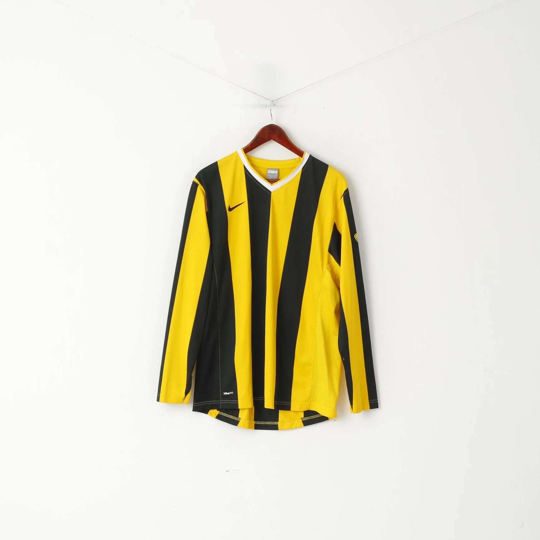 Nike Men L 183 Long Sleeved Shirt Yellow Striped Training Sportswear Football Top