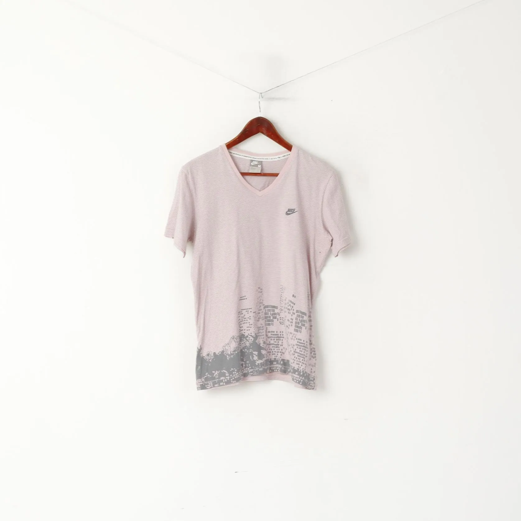 Nike Men M 48/52 Shirt Pink Grey Striped Cotton V Neck Sport Classic Fit Top