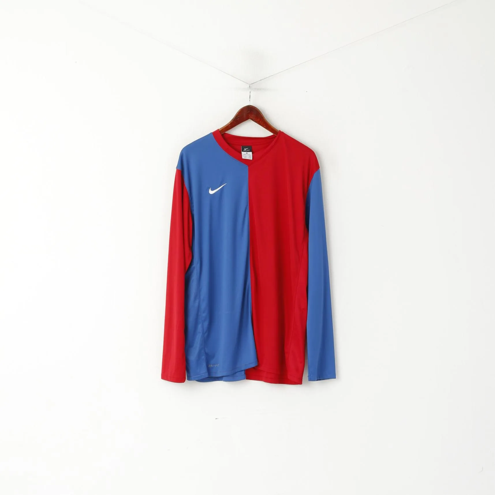 Nike Men XL Shirt Red Blue Vintage Dri-Fit Sportswear Football Long Sleeve Top