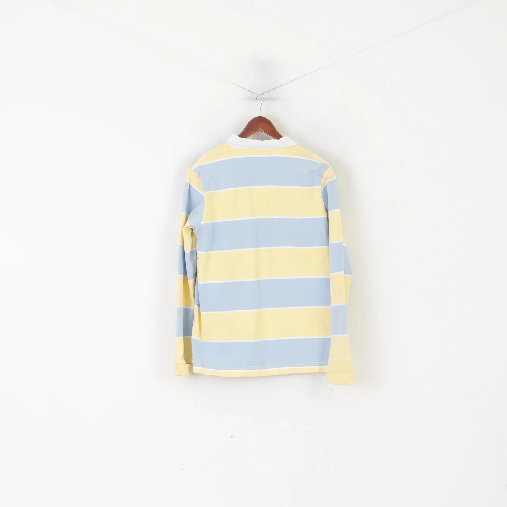 Rampant Sporting Men L (M) Polo Shirt Yellow Blue Striped Cotton Long Sleeve Top
