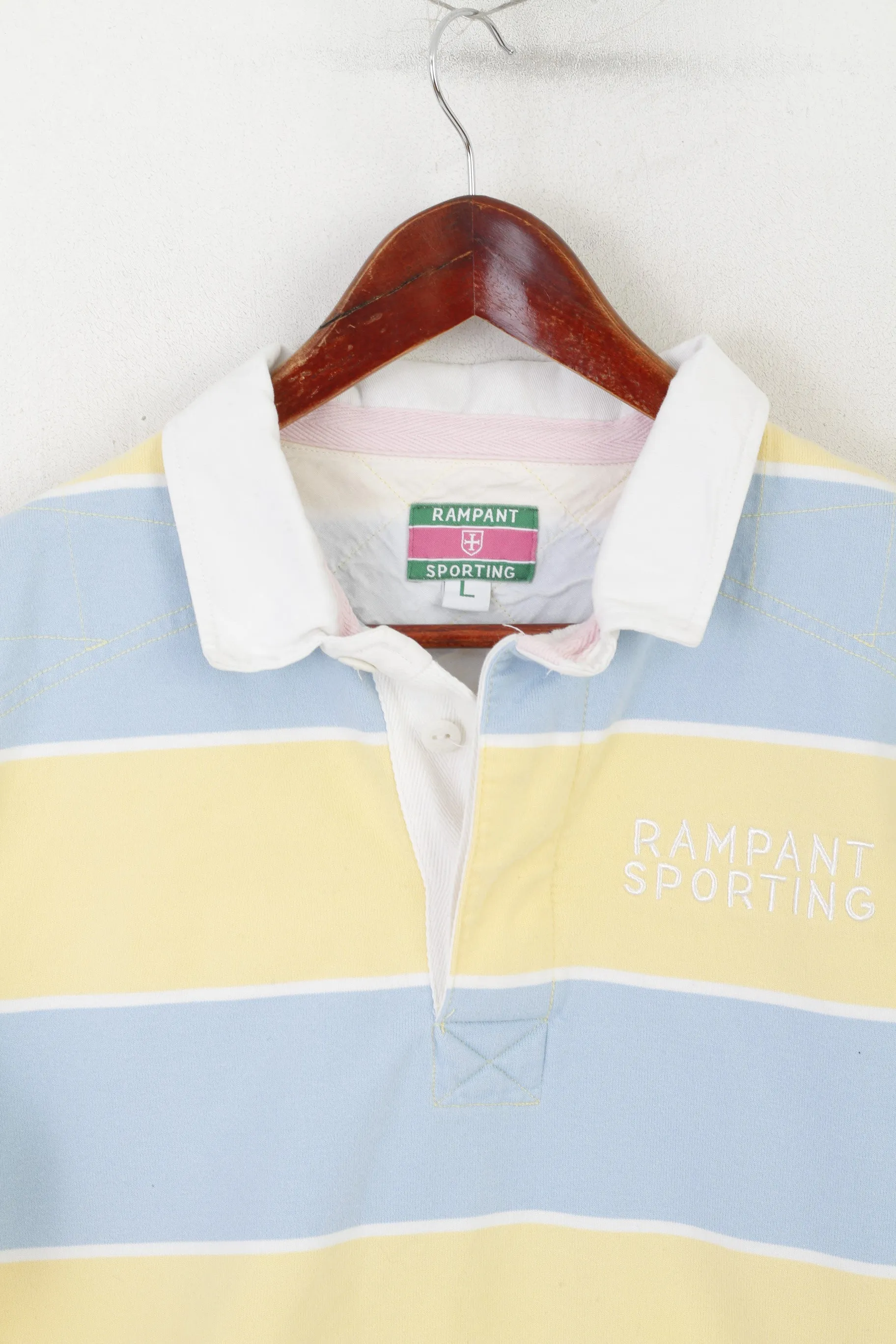 Rampant Sporting Men L (M) Polo Shirt Yellow Blue Striped Cotton Long Sleeve Top