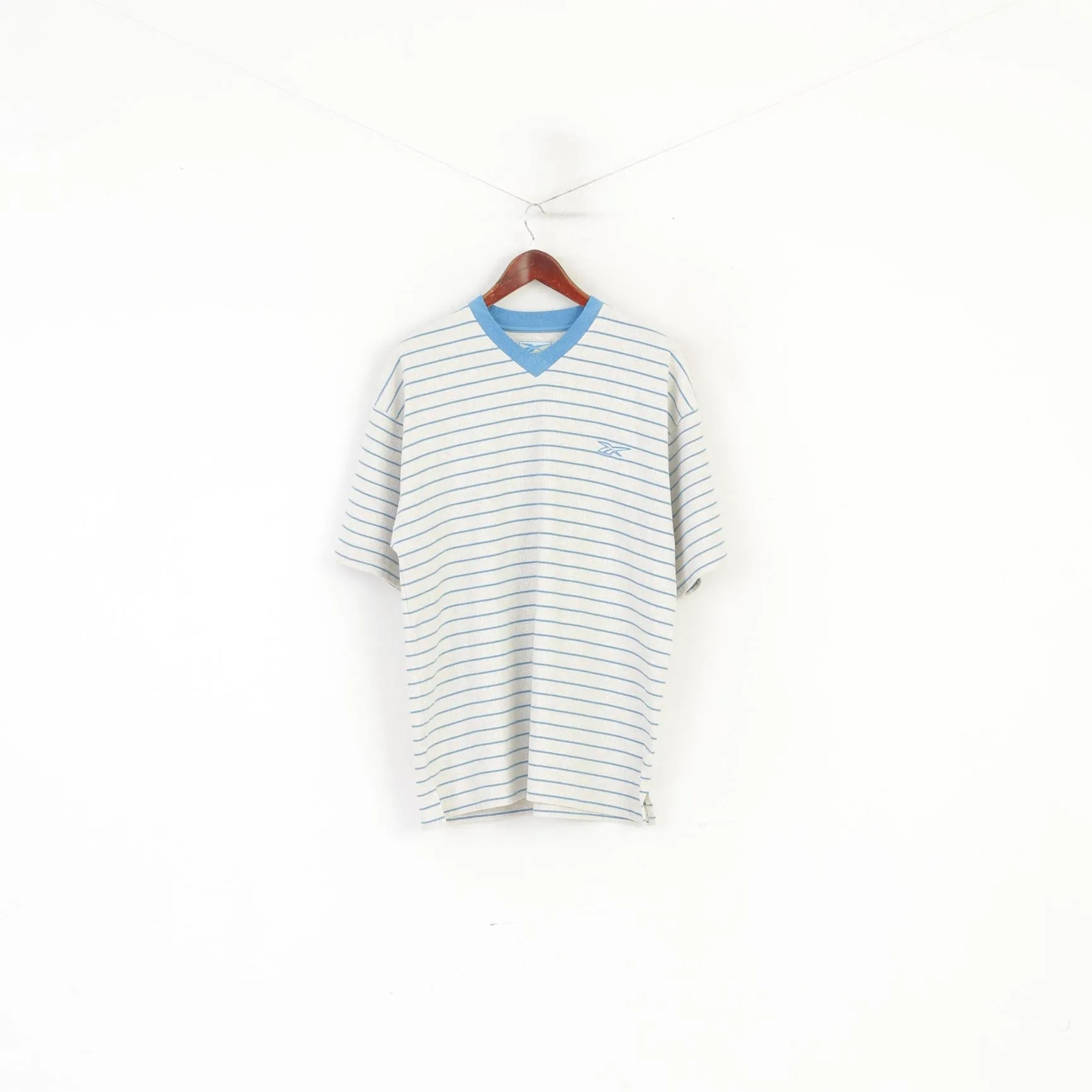 Reebok Men M Shirt Beige Blue Striped Vintage Cotton Oversize Oldschool Top
