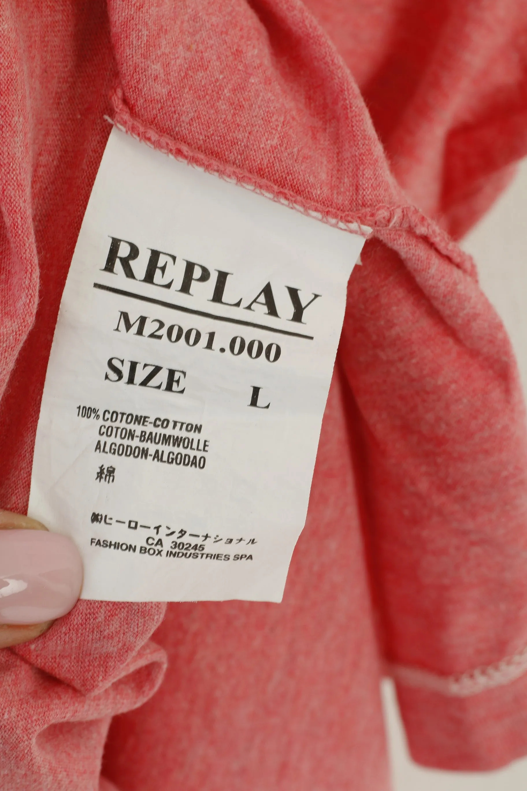 Replay Men L Shirt Pink Cotton Island Beauty Graphic Slim Fit  Crew Neck Top