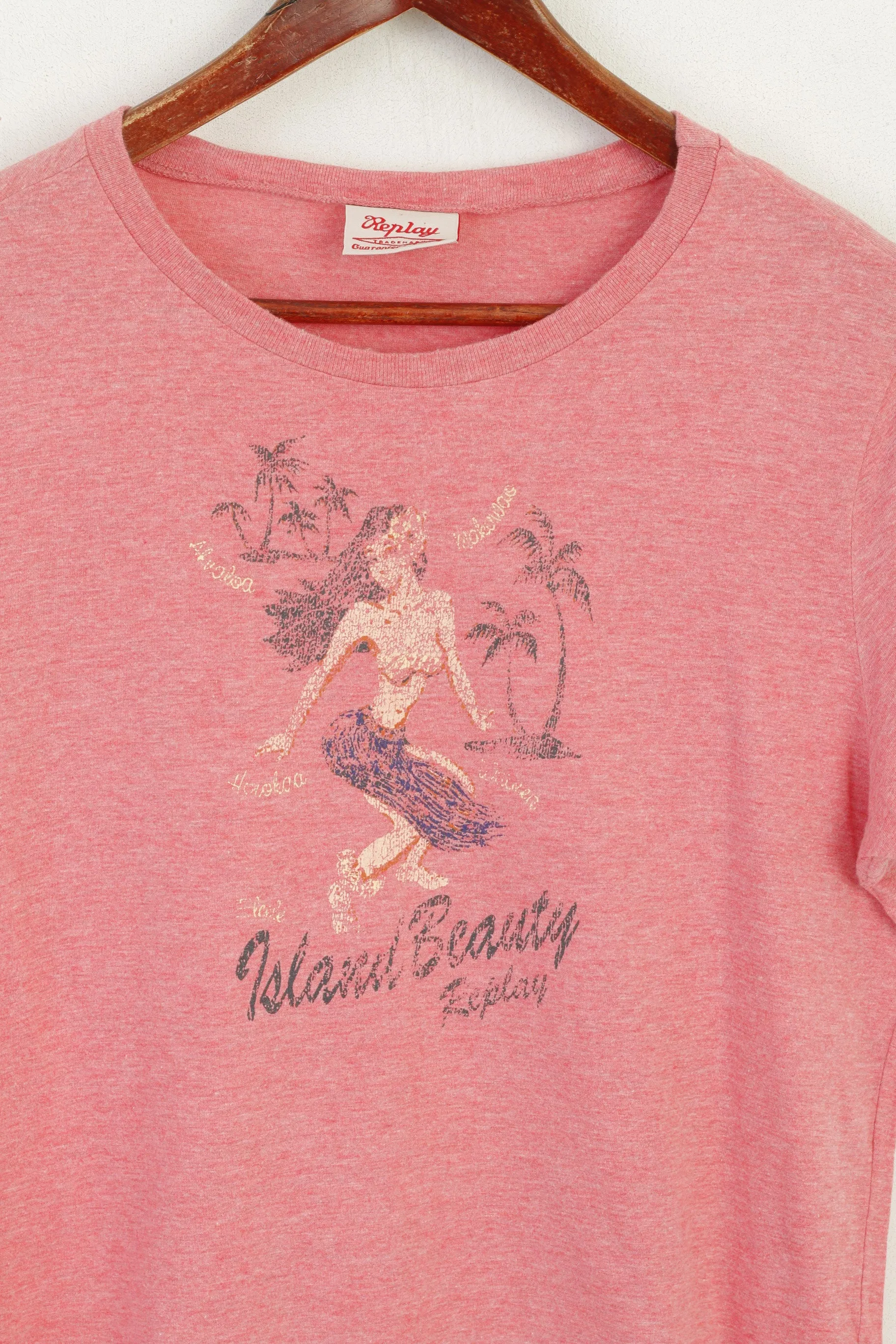 Replay Men L Shirt Pink Cotton Island Beauty Graphic Slim Fit  Crew Neck Top