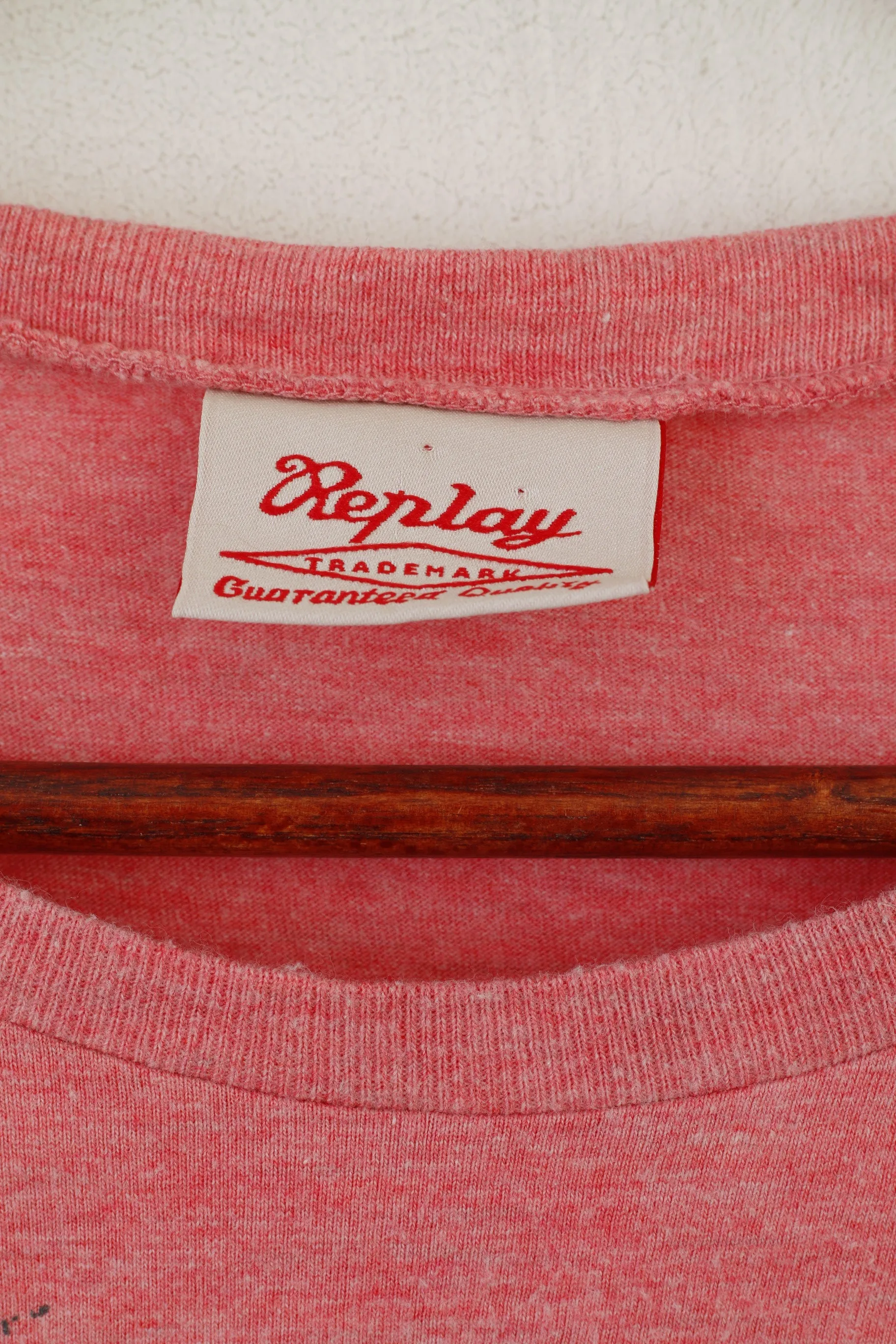 Replay Men L Shirt Pink Cotton Island Beauty Graphic Slim Fit  Crew Neck Top