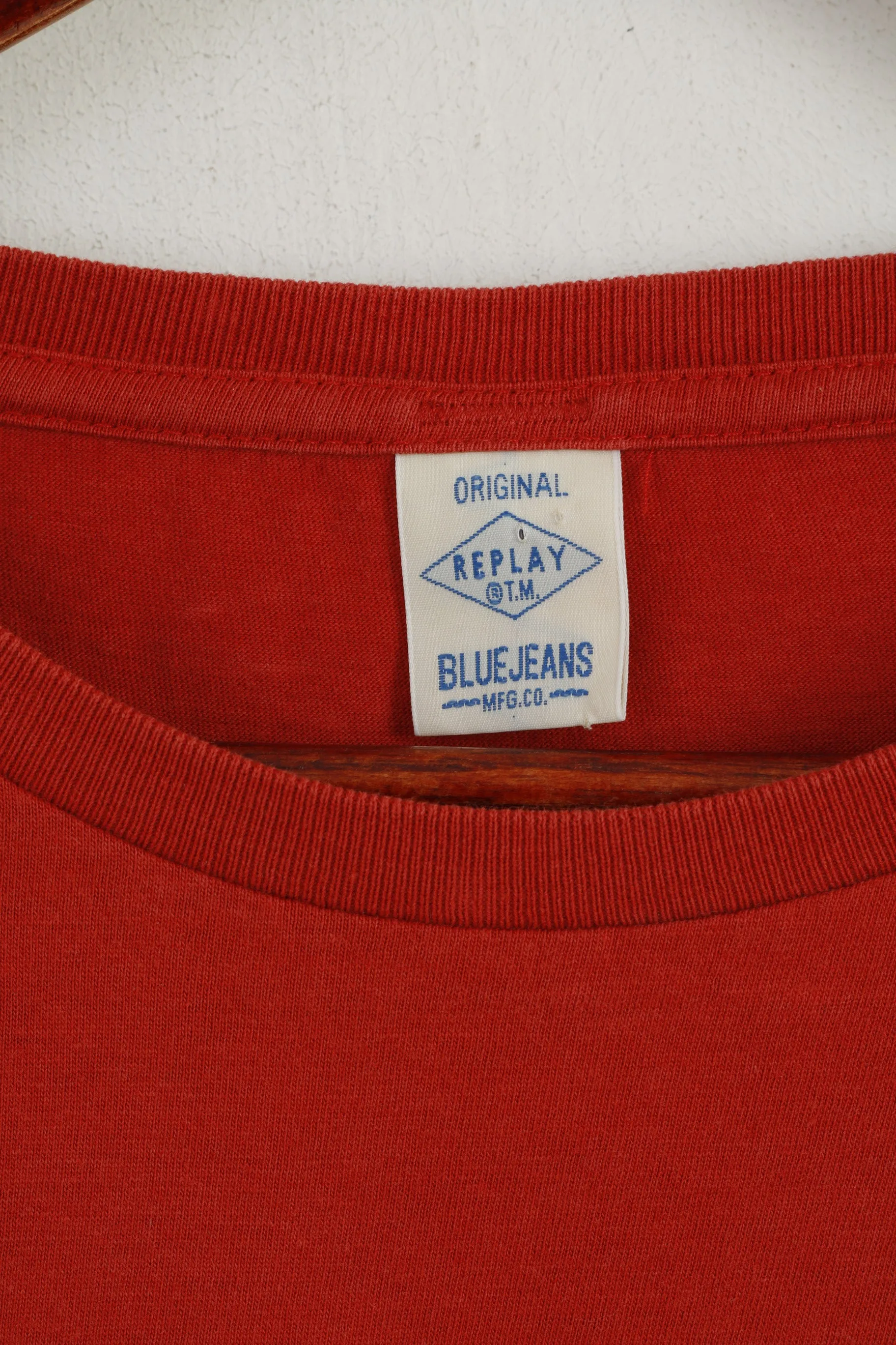 Replay Men M Shirt Orange Graphic Cotton Crew Neck Blue Jeans Summer Top